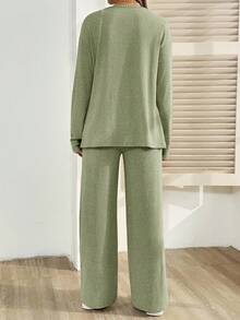 SHEIN 2 pièces Ensemble de maternité : Cardigan à manches longues unicolore et boutonnage simple, et pantalon à taille ajustable, décontracté - Vert - Voir 2