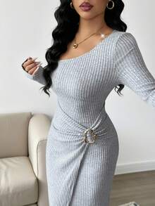 Elenzga 女士纯色时尚纯色扭纹长裙，不对称领口针织纹理紧身连衣裙，扭纹开衩设计连衣裙，女士优雅服装，秋季女装，冬季端庄女士服装，派对礼服 - 灰色 - 查看 6