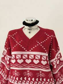 Sunspun Plus Size Women Heart Pattern V-Neck Long Sleeve Loose Pullover Sweater, Autumn/Winter - Red - View 8