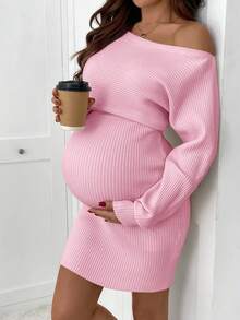 SHEIN Maternity Elegant Solid Asymmetrical Neck Sweater Dress - Pink - View 4