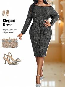 Fleurora Women's Black Autumn Elegant Formal Dinner Evening Sparkly Sequin Bodycon Dress,Plus Size Long Sleeve Scoop Neck Belted Midi Wedding Party Dresses - Red - View 7