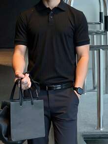 Manfinity Homme Camisa polo de manga corta de unicolor casual/de negocios para hombres - Negro - Ver 3