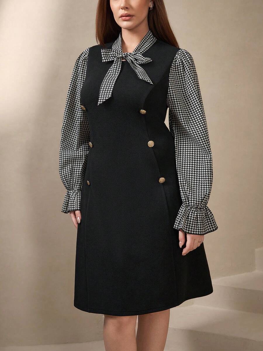 Chikora 大码格子蝴蝶结领长灯笼袖黑色连衣裙，双排扣金属纽扣，优雅学院风秋季连衣裙，适合工作和休闲穿着 - 黑色 - 查看 1