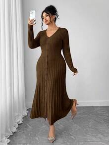 SHEIN Elenzya 1pc Women Plus Size Elegant V-Neck Long Sleeve Flared Hem Sweater Dress - Coffee Brown - View 3