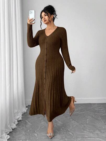 SHEIN Elenzya 1 chiếc váy len dài tay cổ chữ V viền loe thanh lịch cỡ lớn cho nữ