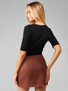 MISSGUIDED V 领短款上衣罗纹针织半袖修身经典基本款分层日常衣橱必备夏季春秋季 - 黑色 - 查看 2