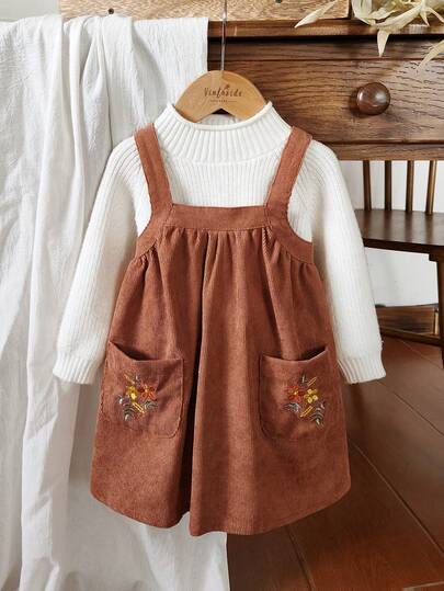 Vintaside Kids 1 Stück ärmellose Jumper Kleid mit Blumenstickerei für Baby/Kleinkind Mädchen, Gelb-Braun