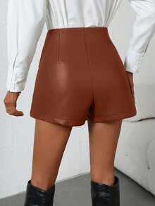 SHEIN Clasi Quần short váy xoắn viền bất đối xứng màu trơn thời trang dành cho nữ bằng da PU - trái cam - Xem 2