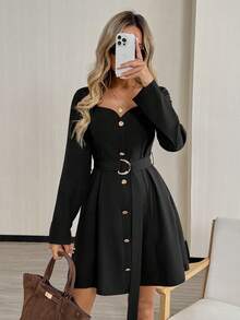 Easowa Schwarzes, minimalistisches Minikleid mit langen Ärmeln für Damen, elegantes, lässiges Alltagskleid, schwarzer Minirock, Ausgeh-Top, elegantes Kleid für Damen, elegantes Kleid für Damen, Business-Casual-Kleid für Damen, Ausgeh-Tops für Damen, Korsettkleid mit langen Ärmeln - Schwarz - Übersicht 5
