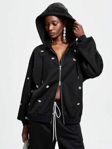 Aveloria GENKIRA Women's Solid Color Hooded Long Sleeve Casual Rhinestone Zipper Jacket - Black - View 4