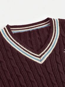 SHEIN 海军蓝 V 领基本款休闲套头衫，撞色，校服/日常穿着 - 酒紅色 - 查看 3