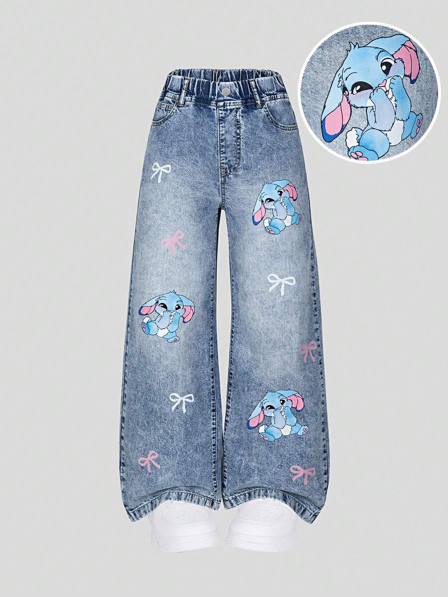 Sparklyn 青少年女孩牛仔裤，休闲可爱兔子印花，宽松阔腿，舒适棉质，适合日常穿着、上学、通勤、四季穿着 - 淺色水洗藍 - 查看 1