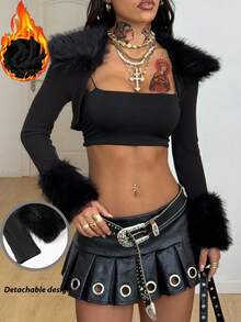 Coolane Women's Fall Winter Streetwear Going Out Y2K Rib Knit Fuzzy Comfortable Crop Thermal Black Shirts