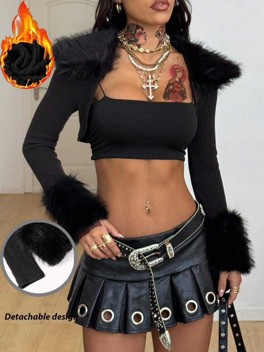 Coolane Women's Fall Winter Streetwear Going Out Y2K Rib Knit Fuzzy Comfortable Crop Thermal Black Shirts