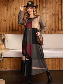 EMERY ROSE Plus Size Women  Country  Casual Vacation Round Neck Long Sleeve Geometric Print Color Block Long Dress With Pockets, ,Going Out Outfits, New Clothes,Simple And Fashionable For Everyday Wear, Plus Size ,  Outfit For Women ,New Year Clothes,,Thanksgiving Outfit For Women ,Flowy Dress,Comfortable And Breathable,Flower/Spring/Summer - Multicolor - View 5