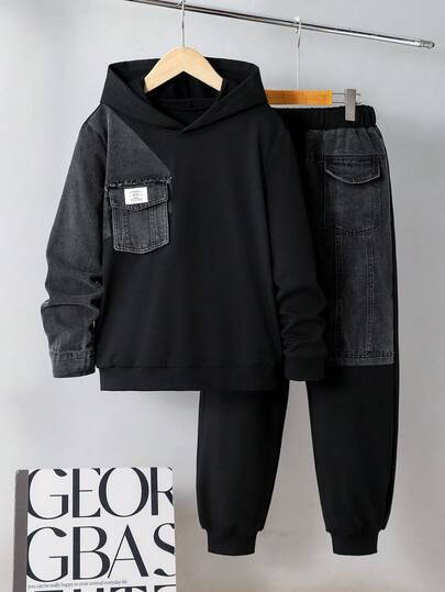 Mirajuku 2pcs/Set Casual Cool Tween Boys Denim Patchwork Hoodie And Jogger Pants Set, Suitable For Leisure And Commute Wear
