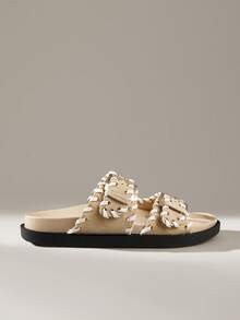 Solecia Handmade Stitched Thick Sole Double Buckle Casual Slide Sandals - Khaki - View 1