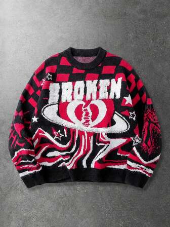 Street Life Men's Contrast Color Pattern Loose Fit Crew Neck Long Sleeve Sweater