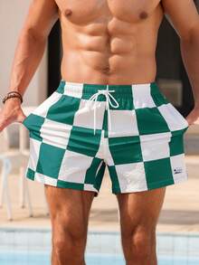 Manfinity Men's Checkered Drawstring Beach Shorts,Hawaiian, Men S Checkered Swim Trunks, Checkered Shorts Men, Plaid Swim Trunks, Men S Beachwear - Green - View 6