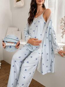 Moonlight&Mama 3pcs Striped Bow Print Contrast Lace Maternity Pajama Set, Winter
