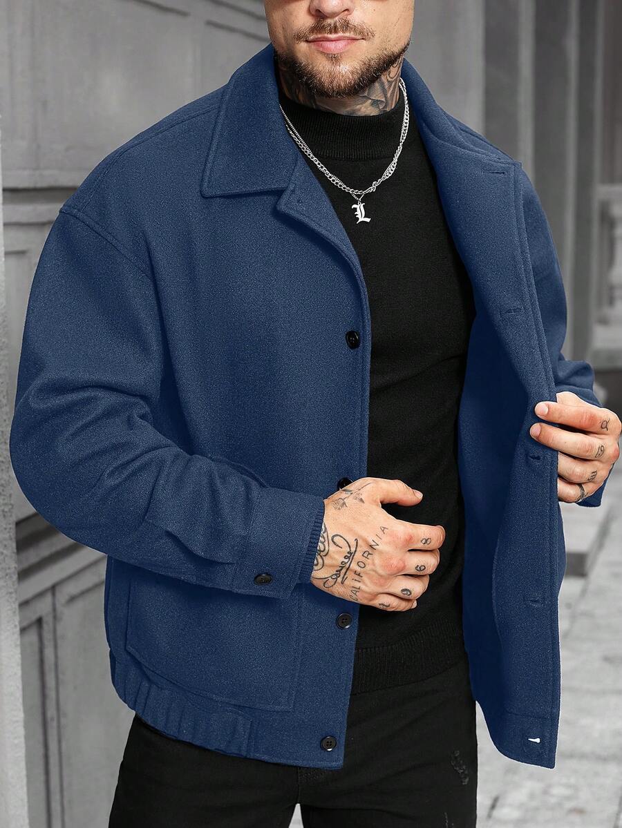Manfinity Homme Men's Solid Color Long Sleeve Single-Breasted Casual Loose Jacket, Autumn/Winter - Navy Blue - View 1