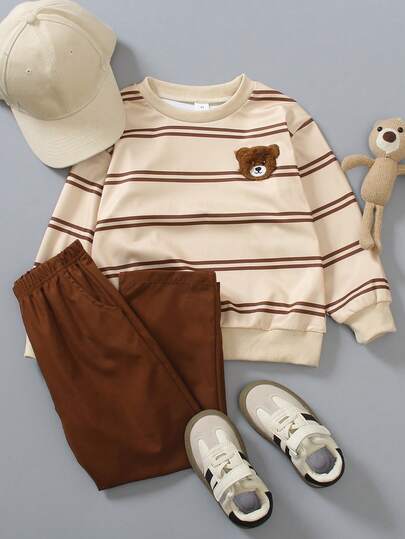 Genkimix Kids 2pcs Young Boy Casual Beige With Brown Striped Long Sleeve Crew Neck Sweatshirt And Brown Pants, Adorable Bear Head Embroidery On Left Chest, Suitable For Daily Home Play, Outdoor Activities, Family Gatherings, Park, School