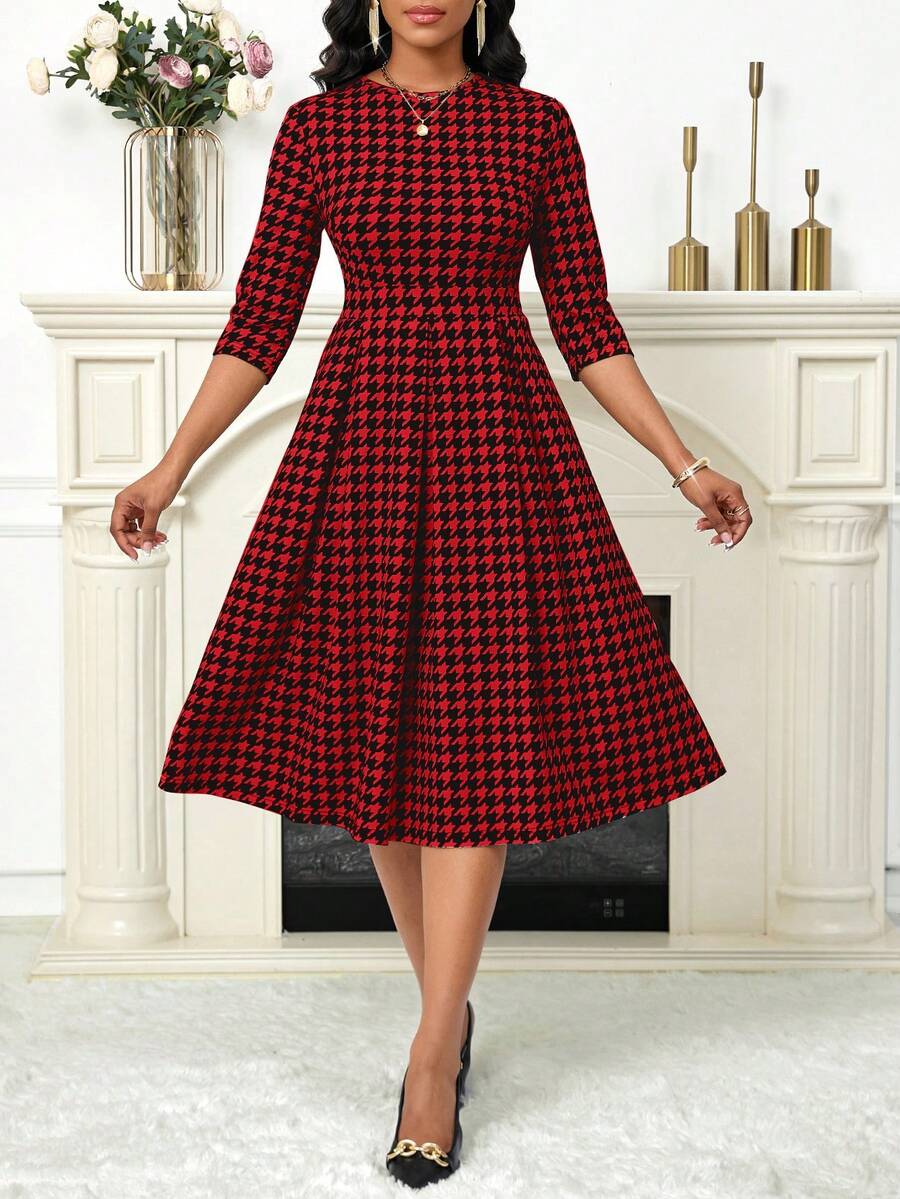 SHEIN Lady Váy dài tay bằng vải satin xanh, váy dài mùa thu họa tiết hoa, váy midi thanh lịch dành cho nữ - Đỏ - Xem 1