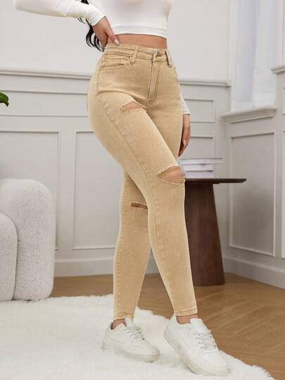 SHEIN EZwear Black Slant Pocket Ripped Skinny Jeans