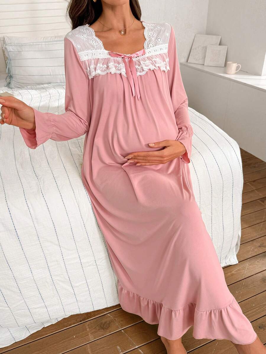Moonlight&Mama 孕妇休闲刺绣蕾丝拼接方领长袖针织睡衣，冬季 - 藕粉色 - 查看 1