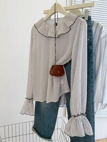 Resyla Blusa de manga larga holgada con volantes y rayas para mujer - Multicolor - Ver 3