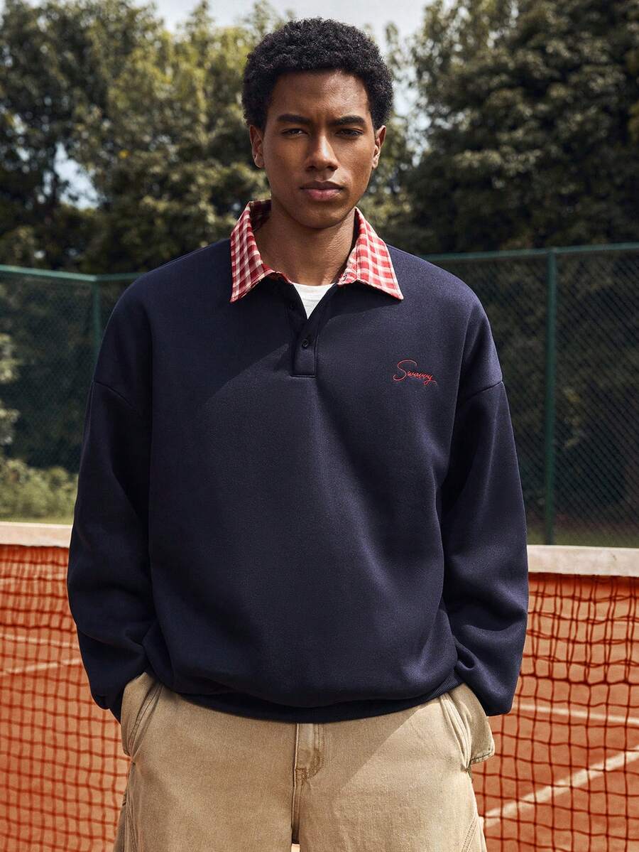 SWAVVY 男式标准套头衫，春秋季，二合一，刺绣，海军蓝 - 藍色 - 查看 1