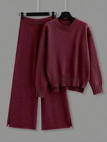 SHEIN LUNE 2件套纯色针织毛衣和裤子套装，休闲百搭，适合秋冬 - 酒紅色 - 查看 3