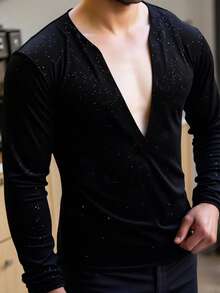 Manfinity AFTRDRK Men's Deep V Neck Long Sleeve Fashionable Velvet Flocked T-Shirt Sequin Top Men Rhinestone Men Rhinestone Shirt Long Sleeve Men Sparkly Shirt Christmas - Black - View 7