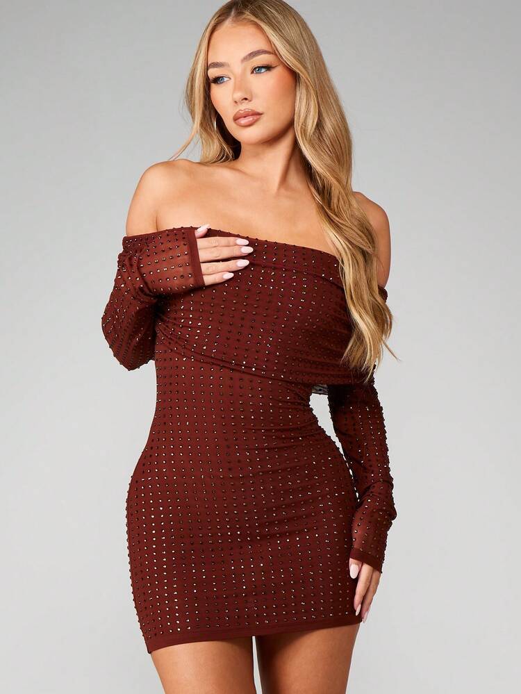 MISSGUIDED Off Shoulder Burgundy Diamante Embellished Mini Dress Long Sleeve Bodycon Evening Party Dress