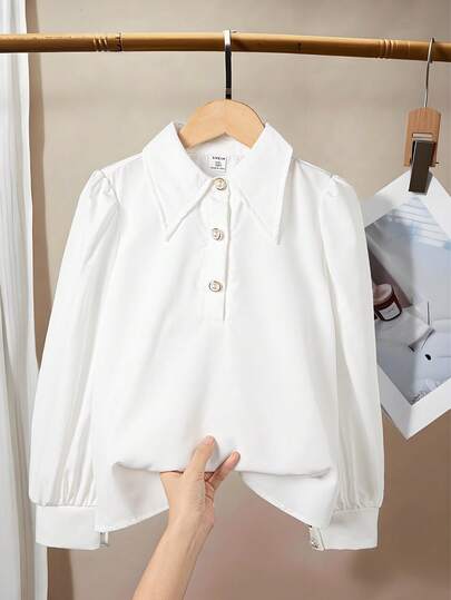 Blusa blanca casual y elegante con cuello, botones delanteros y mangas de farol para niñas