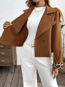 SHEIN LUNE Manteau court trench-coat à double boutonnage, avec patchwork imprimé léopard sur les poignets, pour femmes