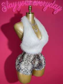 Slaydiva New Summer Casual Street Daily Date Birthday Party Y2K Hot Girl Style Halter V-Neck Short Plush Brown Top + Brown Snake Pattern Knitted Ultra Shorts Mini Shorts WomeTwo Piecesce Set-B - White - View 5