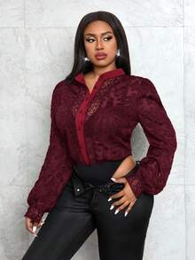 Slaydiva 大码女式撞色蕾丝单排扣优雅紧身衣 - 酒紅色 - 查看 6