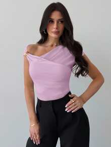 Firerie Women's Asymmetric Shoulder Wrap Ruched Waist Tight Fit T-Shirt, Elegant Modest Daily Commute, Spring/Summer