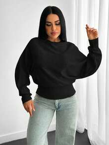 EURMUSE Structured Knit Sweater With Voluminous Sleeves Fitted Waist Curved Ribbed - Black - View 3
