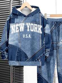 SHEIN 2 件青少年男孩休闲时尚经典图案拼布和纽约文字印花长袖连帽衫套装，秋冬舒适 - 彩色 - 查看 4