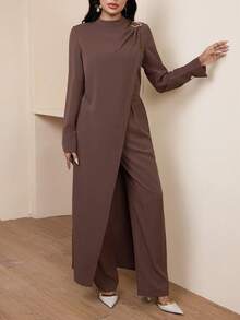 Veilorie Conjunto de ropa de estilo árabe para mujer con cuello de nicho y abertura - Óxido marrón - Ver 5