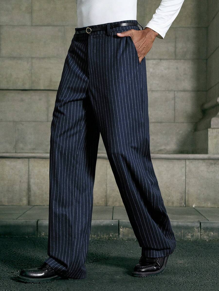 AKNOTIC 男士极简线条图案商务休闲西装裤 - 藏蓝色 - 查看 1