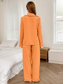 Conjunto de pijama de manga larga con bolsillo, cuello de solapa y apertura frontal, ropa de invierno de unicolor - Naranja - Ver 2