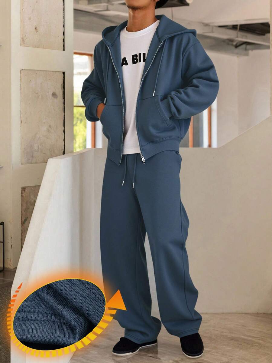 DAZY Navy Blue Men's Hooded Sweatshirt Set With Thermal Lining, Zip-Up Front, Autumn/Winter - Navy Blue - View 1