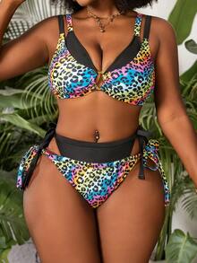 Slaydiva Plus Size Women 2pcs/Set Colorful Leopard Print Bikini Swimwear - Multicolor - View 4
