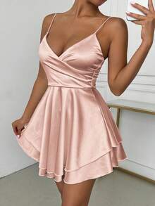 Glamine Charm Frostbeeren-rosa farbenes, sexy V-Ausschnitt, rückenfreies, gerafftes Satin-Kleid, Streetwear, Damen Club-Outfits, Hochzeitsgast-Kleid, Date Night Outfits, Geburtstags-Outfits, Frühherbst-Bekleidung, glitzerndes Kleid, Herbst- und Winterkleid - Altrosa - Übersicht 4