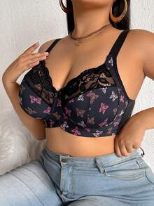 DesireSculpt 1pc Plus Size Lace Patchwork Wireless Bra - Multicolor - View 9