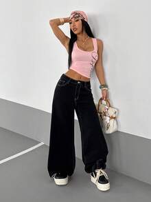 SHEIN Tall 女士口袋纽扣十字刺绣图案休闲百搭日常穿着阔腿牛仔裤 - 黑色 - 查看 5