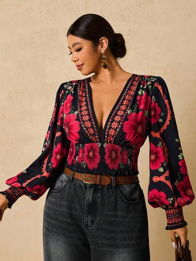 Travachic Plus Size Women Bohemian Floral Print Black Long Sleeve Tie Front Blouse, Holiday Wear